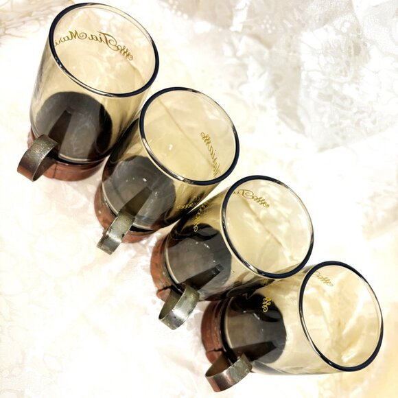 VTG Tia Maria Aperitif Smoked Glass Copper Color Metal Base w/ Handle Set of 4 - Picture 6 of 15